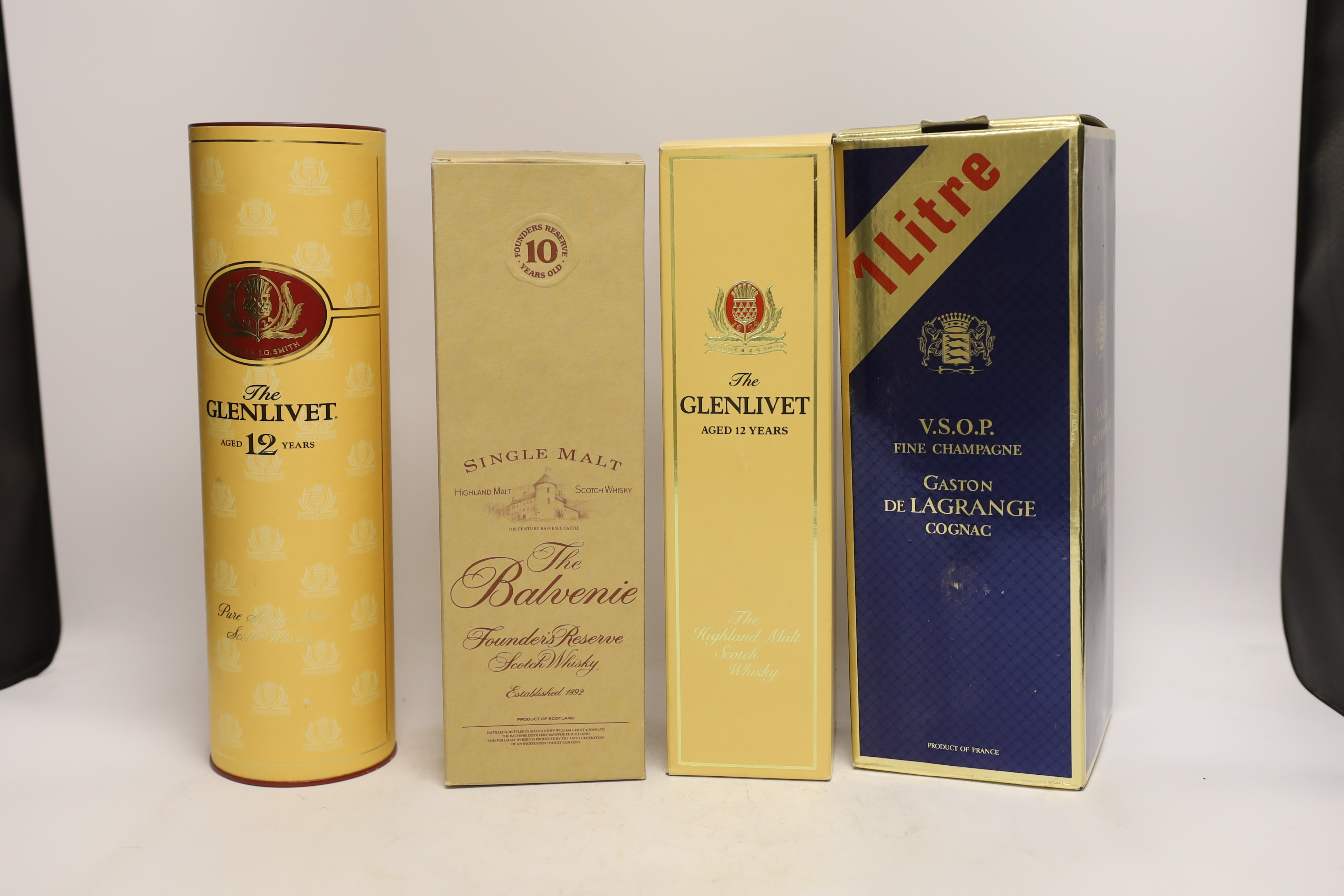 Eight bottles of Whisky, Whiskey and Cognac to include a 70cl bottle of The Balvenie Founders Reserve 10 Year Scotch, Glenlivet 12 year x2, Bowmore 12 year, Glenfiddich Special Reserve 12 year, The Irishman single malt I